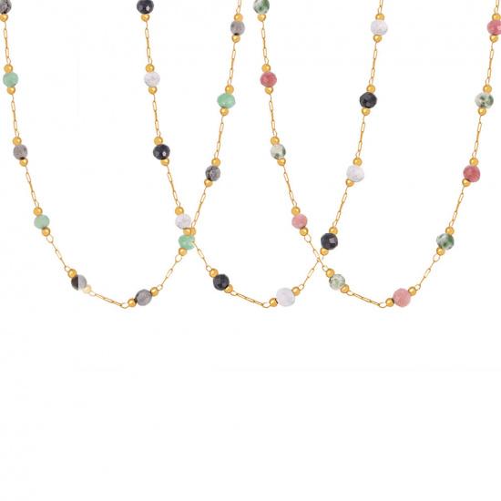 Natural Lapis Lazuli Handmade Beaded Collarbone Necklace, Double Layer Titanium Steel PVD Real Gold Plated Jewelry