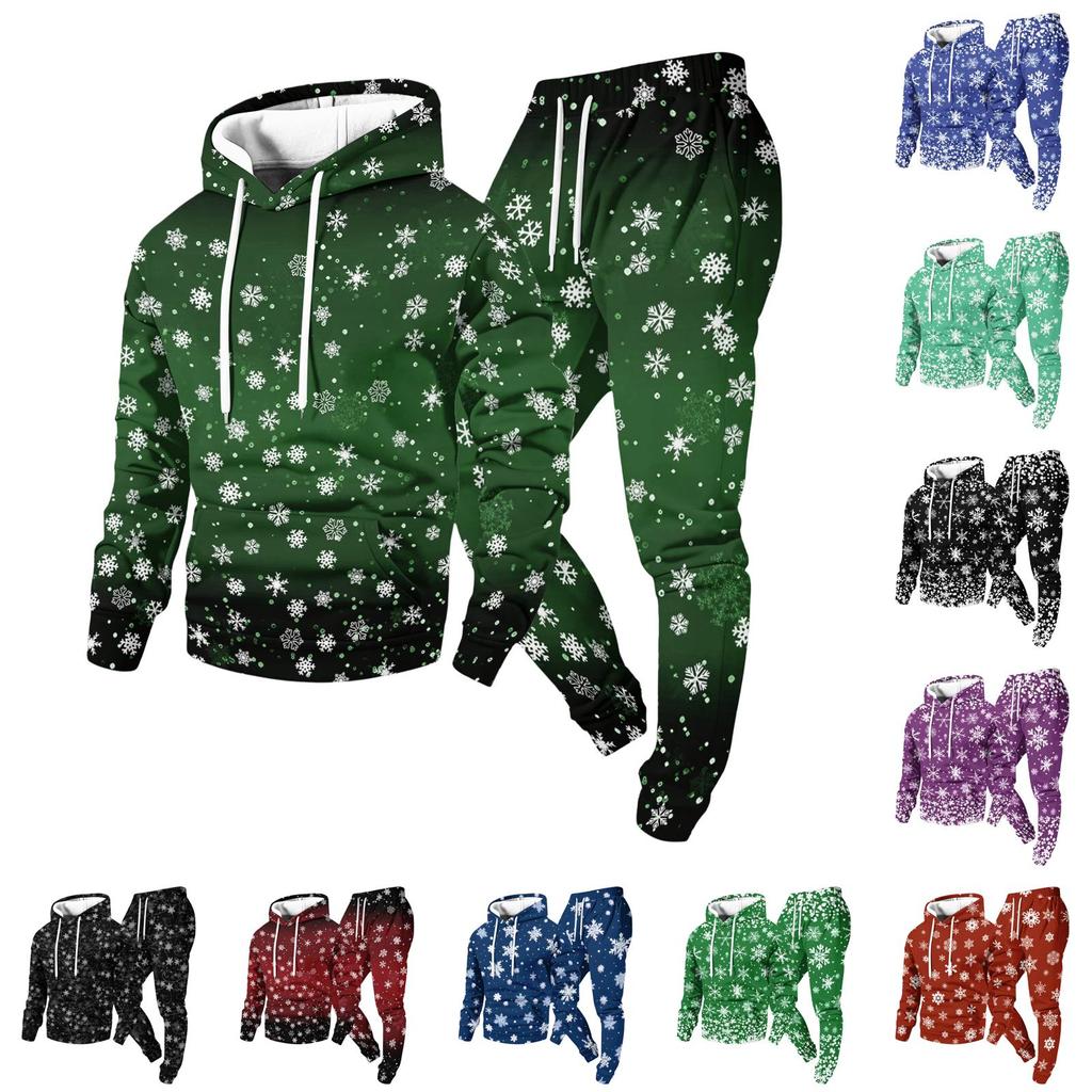 Men's Casual Christmas Print Hoodie and Straight-Leg Sweatpants Two-Piece Set for Holiday Celebration