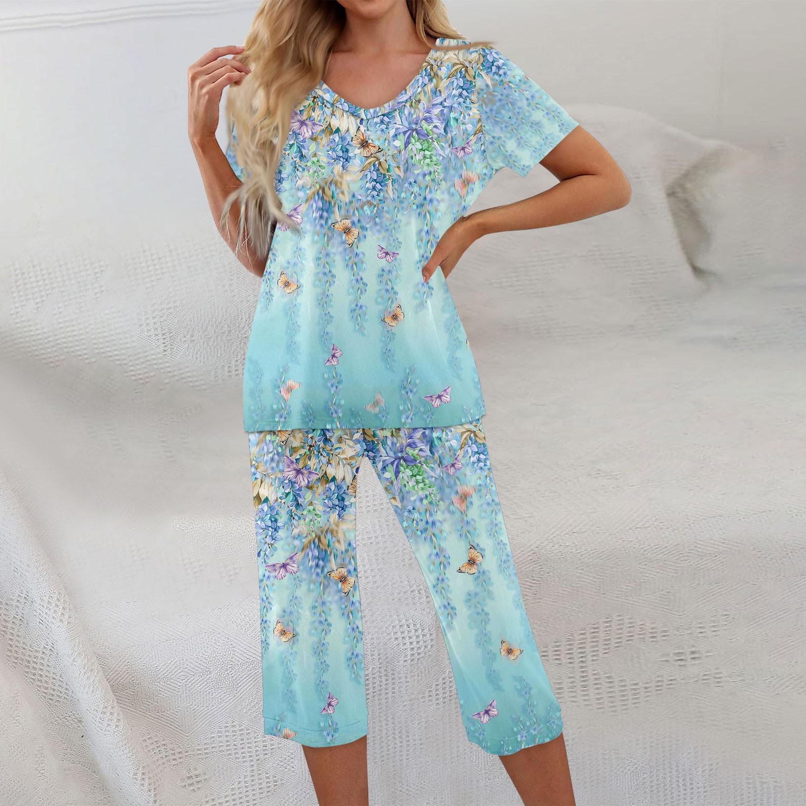 

Комплекты из 2 предметов для женщин: топ с коротким рукавом и брюки с карманами, тренировочные мягкие комплекты с цветочным принтом M