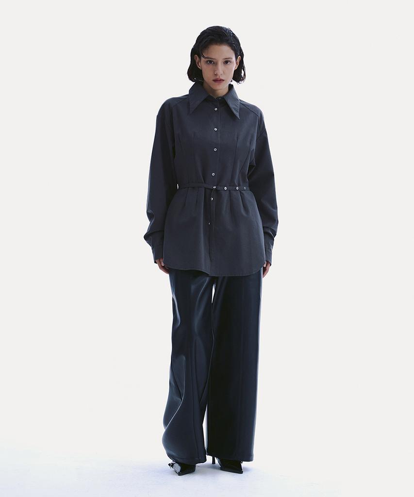 Uusoo Shirred Belted Shirt_ Charcoal