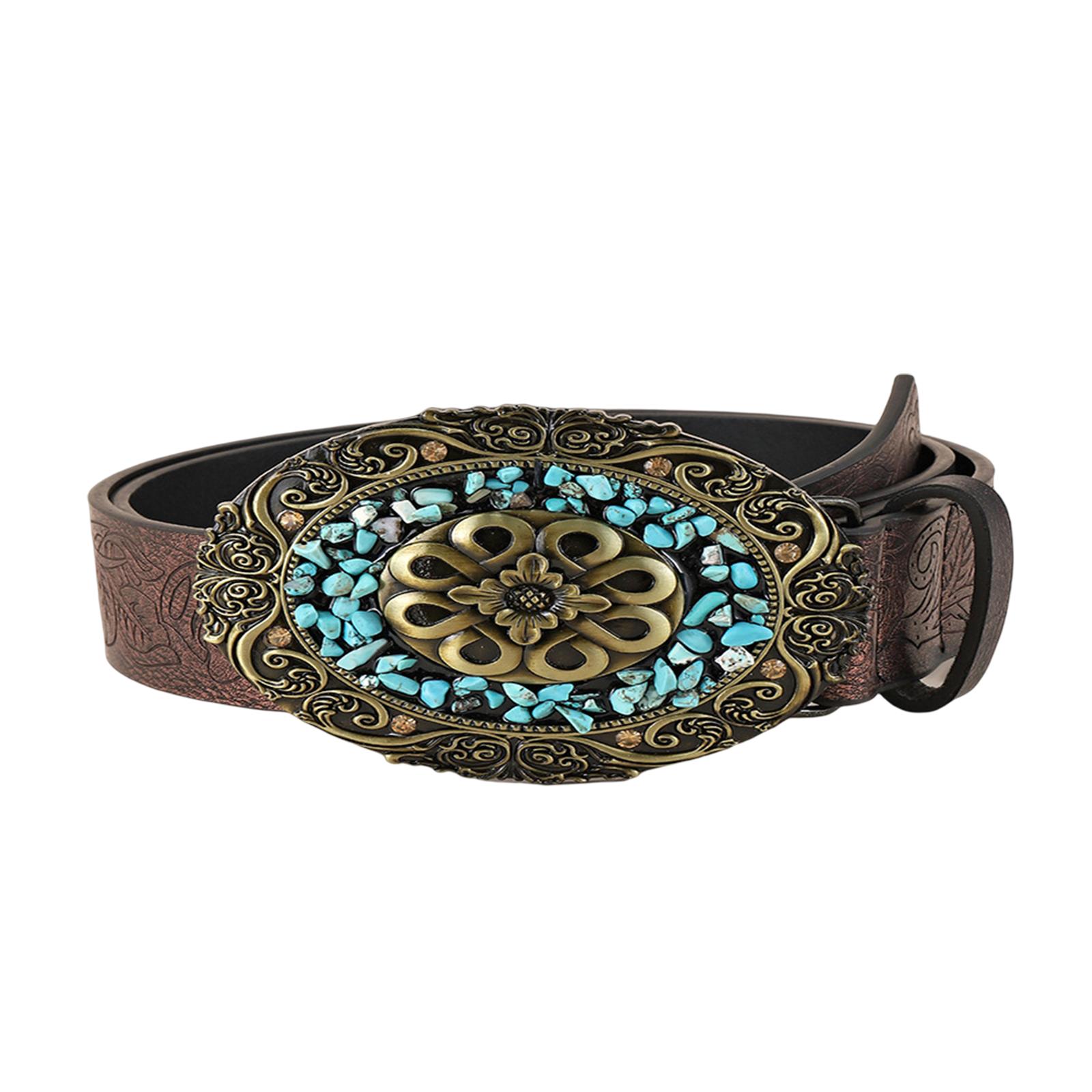 Ковбойский ремень Винтажный ремень с пряжкой из белого камня Ремень с гравировкой в виде цветов Кожаный ремень с тиснением Винтажный западный ремень Джинсовый ремень C