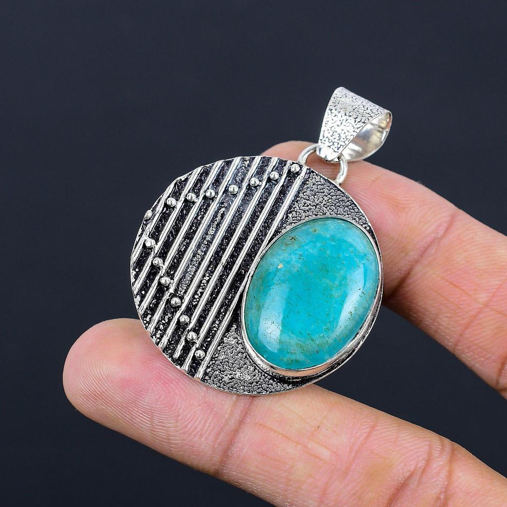 Natural Amazonite Sterling Silver Bezel Wedding Trendy Handmade Pendant Jewelry