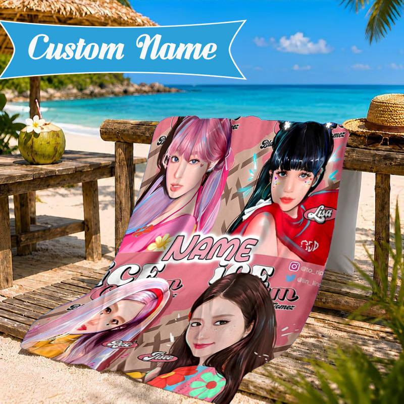 Custom Name Neon Kpop BP Beach Towel Microfiber Beach Towel, Lightweight and Quick-Dry, for Summer Travel, Swimming Pool Gift