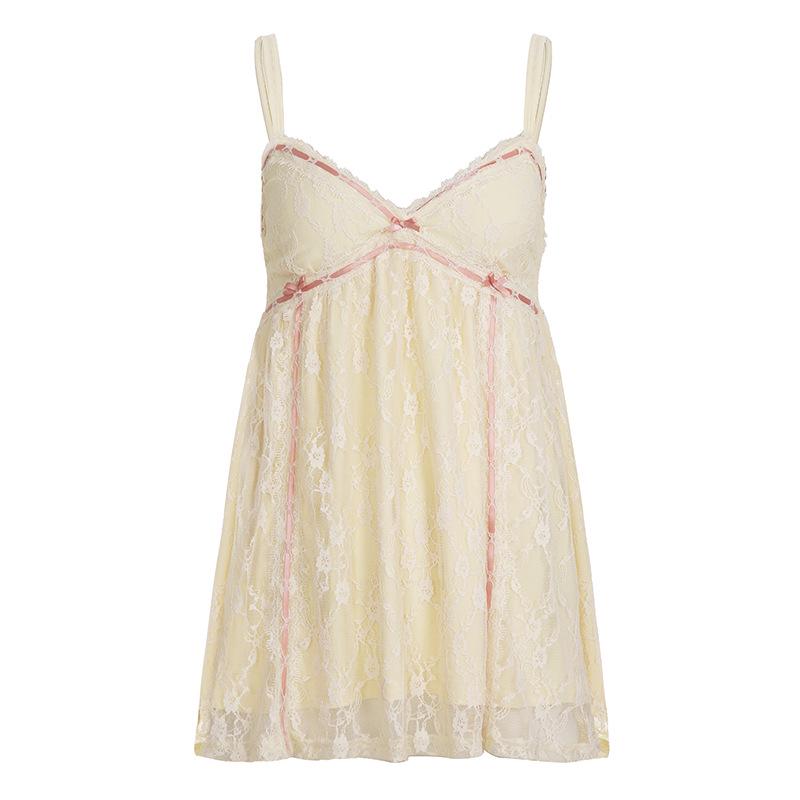 French Lace Patchwork Slim Camisole: Girlish A-line Spaghetti Strap Top S