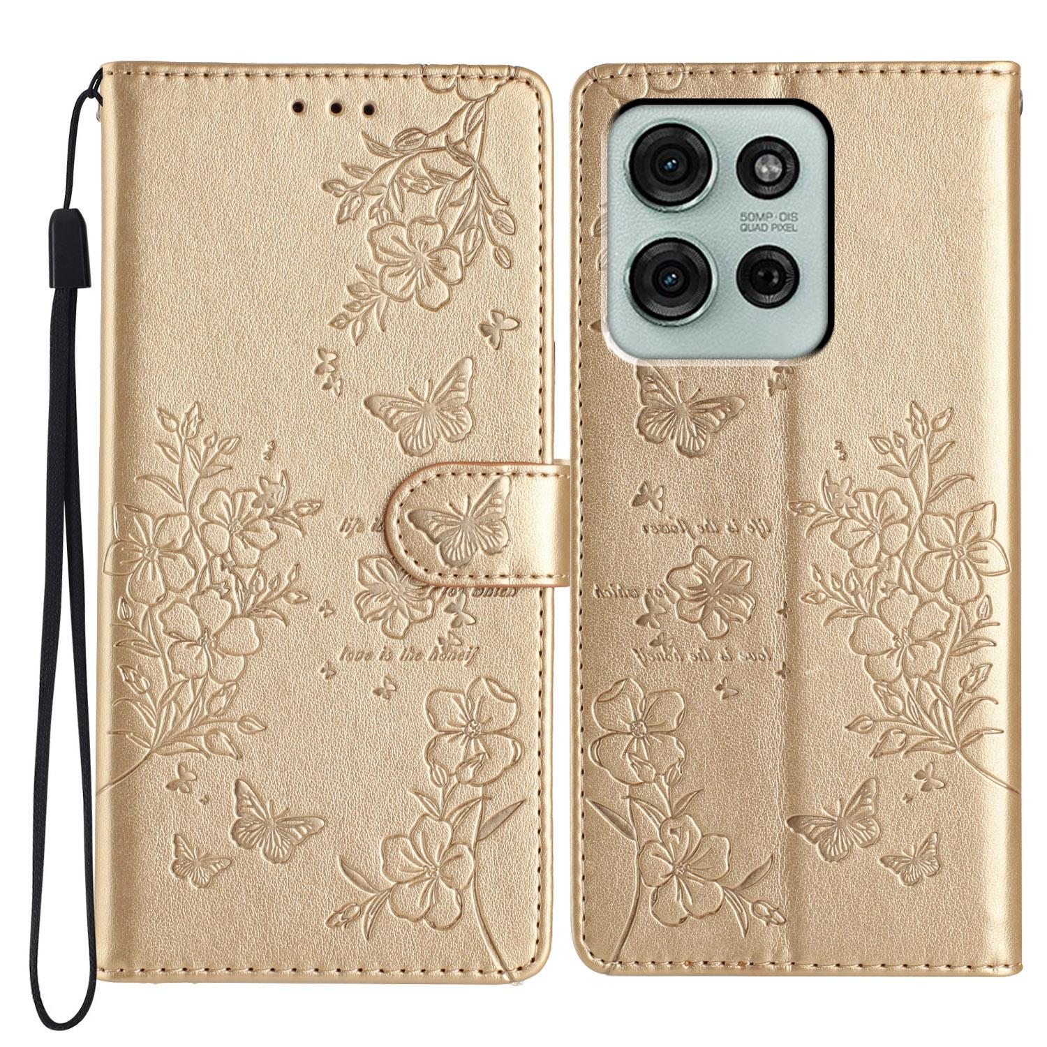 

For Motorola Moto G86 5G Wallet Phone Case Butterfly Floral Imprint Leather Flip Cover with Strap Gold
