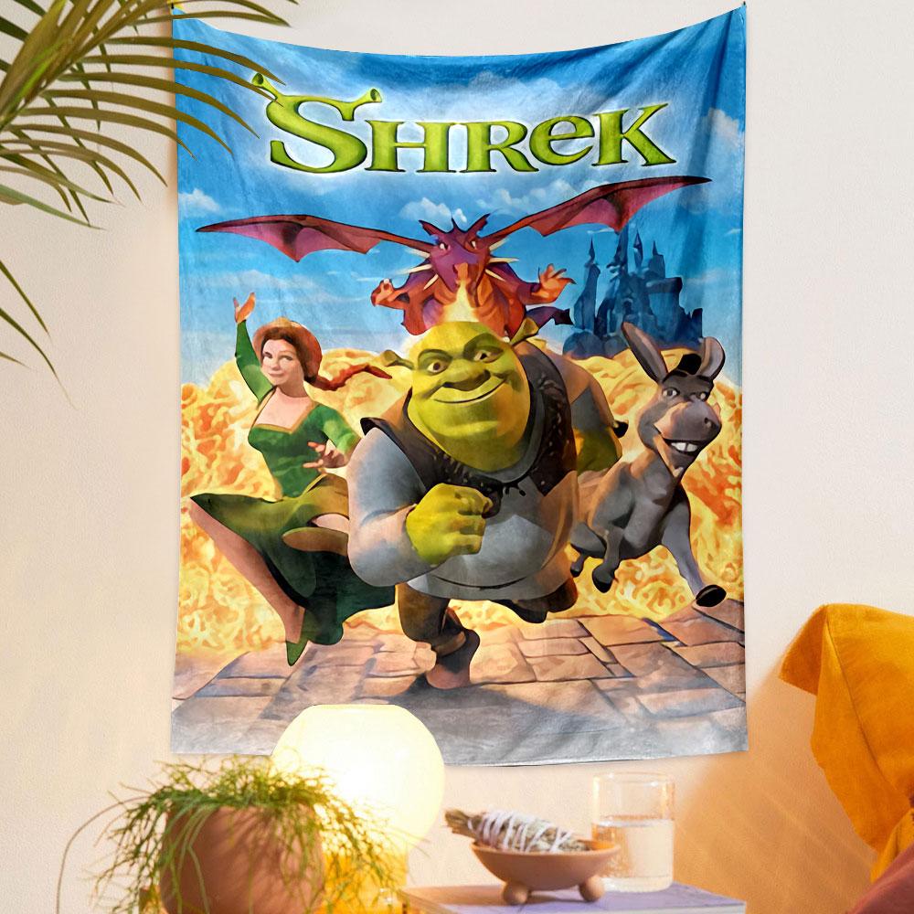 Shrek Tapestry Wall Hanging, DreamWorks Ogre Fairy Tale Movie Art, Funny Cartoon Wall Decor for Bedroom Living Room Dorm