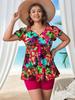 Európsky a Americký Plus Size Kvetinový Sukňový Tankini a Boxerky, Červený