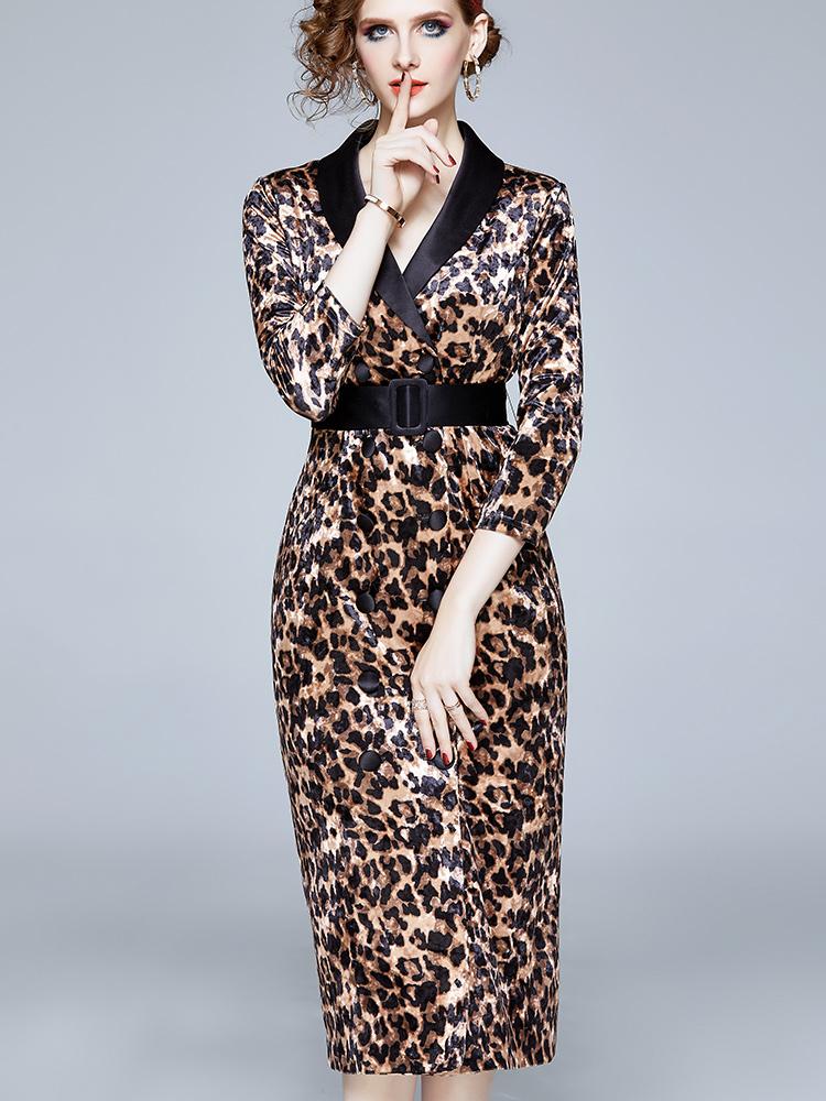 Dámské nové podzimní zima s dlouhým rukávem s výstřihem do V francouzské vintage sexy leopardí šaty sametové šaty módní kancelář pracovní tužkové šaty s páskem