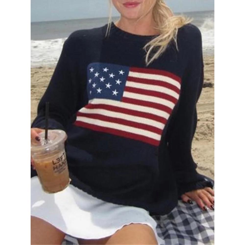 Maglioni da Donna con Motivo Bandiera Maglioni Caldi Larghi Vintage Manica Lunga Girocollo Casual Harajuku Pullover Maglieria Streetwear