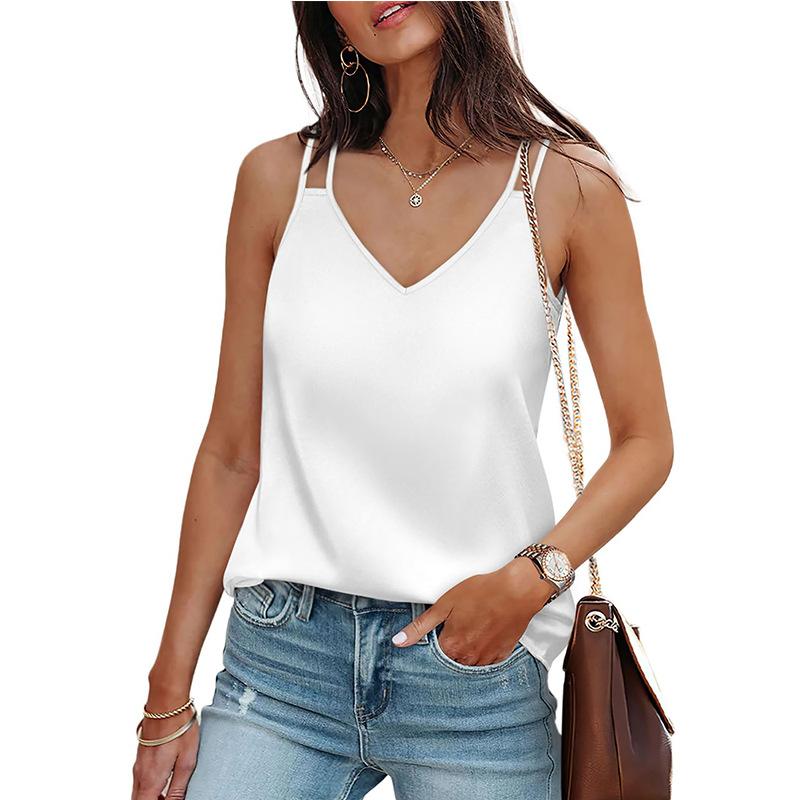 Solid Sling T-shirt for Women Summer V-neck Sleeveless Loose Waist T-shirt Casual Stylish Soft Comfortable T-shirt Breathable Lightweight Vacation Top