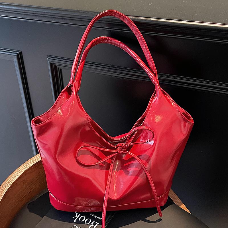 Popular Retro Bow Bucket Crossbody Tote Bag Women's Casual Premium Underarm Handheld Red Wedding Bag