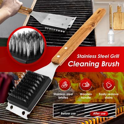 2Pcs Barbecue Brush 15 Inch BBQ Brush Kit Outdoor Effective Grill Cleaning Brush with Wood Handle and Scraper for Grill Cleaning