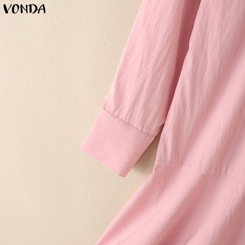 VONDA Women Lapel Neck Long Sleeve Solid Button Down Casual Ruffled Shirts Dress