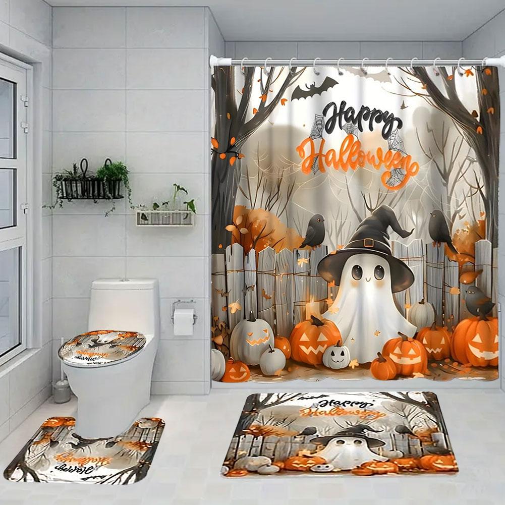 Cute Cartoon Ghost Shower Curtain Set Halloween Shower Curtain Polyester Fabric Spooky Bathroom Curtain For Bathroom Decorations
