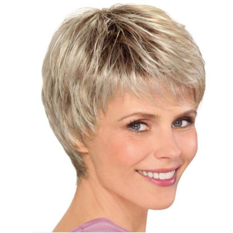 Short Curly Wig for Middle-Aged and Older Women: Gray-Gold Ombré Wig Cap YN302