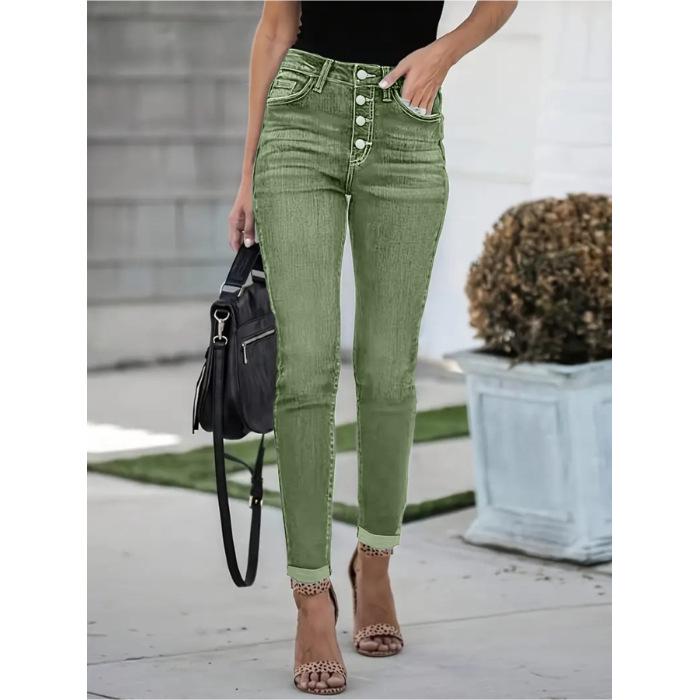Women's Plus Size Slim Fit Multi-button Elastic Washed Denim Jeans