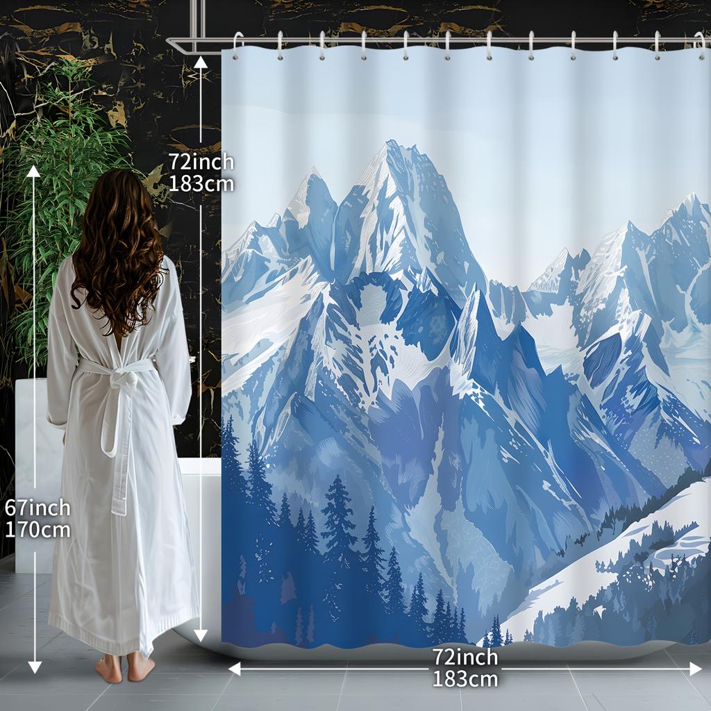 1Pc Modern Abstract Snow Mountain Range Pine Forest Winter Snowy Scenery Shower Curtain, Decorative Printed Bath Curtain