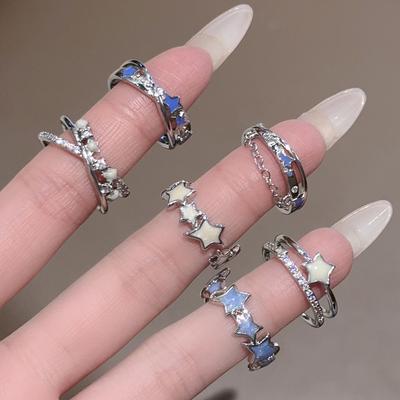 Light Luxury Zircon Double-Layer Star Opening Ring, Women'S Niche Design Drop Glaze Ring, High-End Fashion Personalized Ring