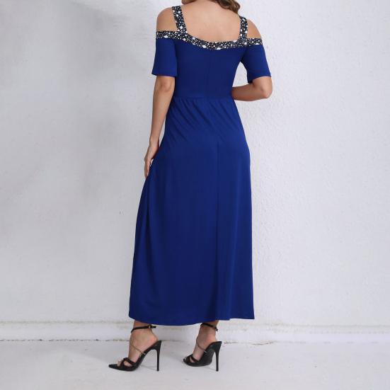 Women Evening Dress Hollow Out V Neck High Split Sequin Pleated Short Sleeves Plus Size A-line Off Shoulder Ankle Length Prom Party Maxi Dress