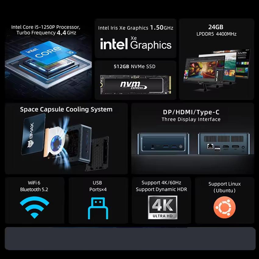 BMAX MNI PC B9 Plus  Intel 12th Gen Core i5-1250P 4,4 Ghz 24GB LPDDR5 RAM 512GB SSD WiFi 6 bluetooth 5,2 desktop Computer