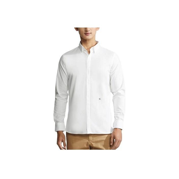 

Calvin Klein Solid Color Letter Embroidered Square Neck Casual Slim Fit Long Sleeve Shirt Men shirts Moon-White J322667 S