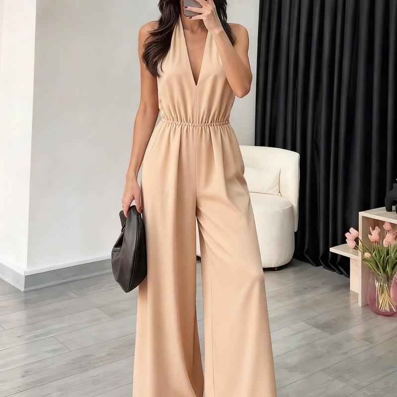 Women's V Neck Jumpsuit Sleeveless Belted Wide Leg High Waist Elegant One Piece