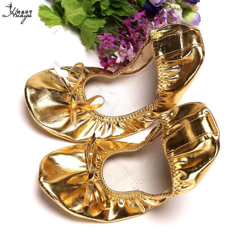 Huayu Dance Performance Shoes: Gold Belly Dance Flats with Soft Sole & High Heel Versatile for Indian and Square Stage