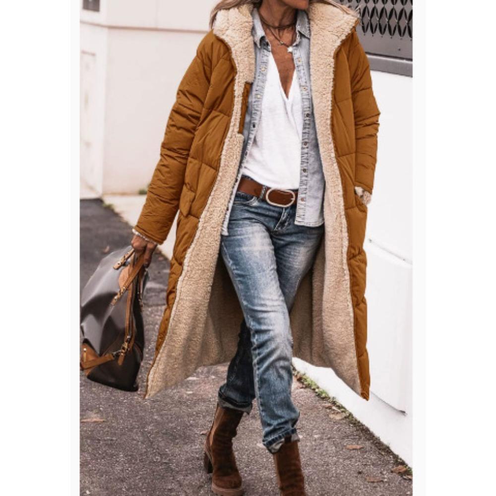 Solid Color Double-Sided Wear Hooded Cotton Coat, Thickened Slim Fit Long Sleeve Long Open Front Jacket