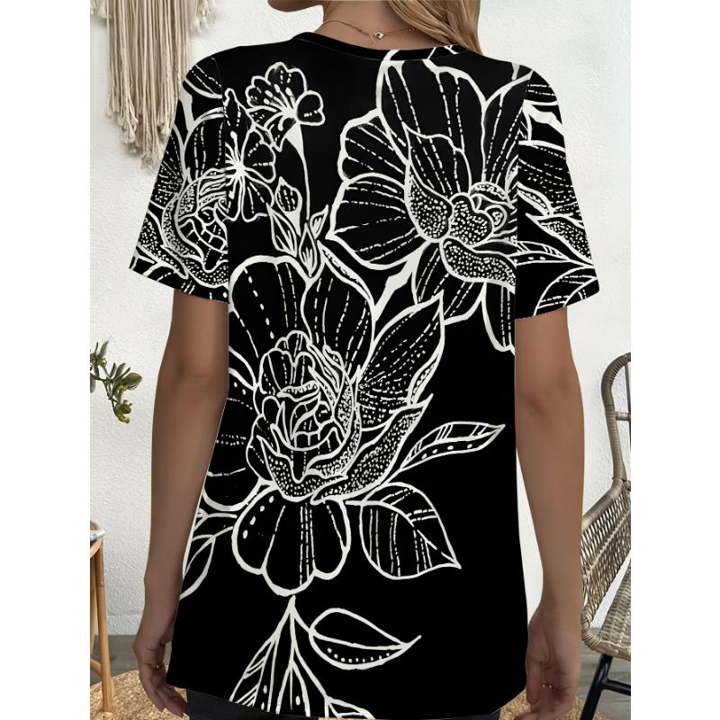 Ladies' plus size black and white floral print T-shirt pocket design, comfortable and breathable