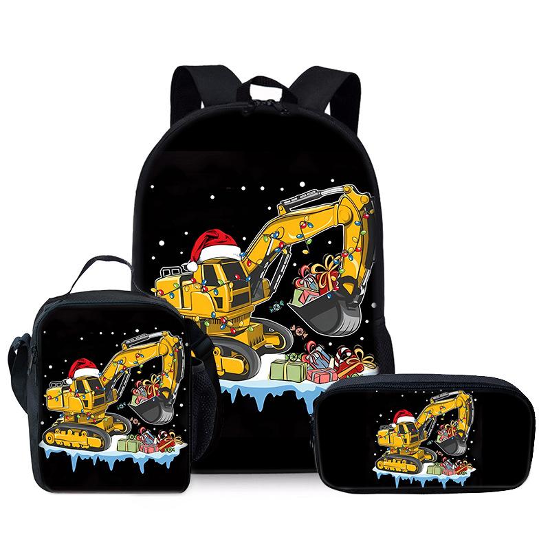 Klassiek Populair Grappig Graafmachine 3D Print 3 stuks/Set leerling Schooltassen Laptop Dagrugzak Rugzak Crossbody Lunchtas Etui