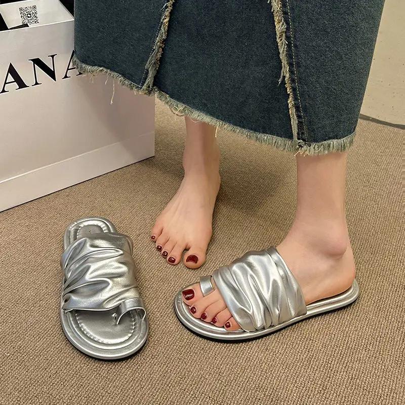 Fashion Off White Shoes Flat On Beach Open Toe Outside Word Women's Slippers and Ladies Sandals Slides Trend Footwear Unique B F I Sale