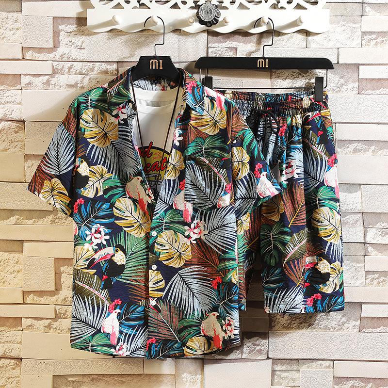Erkek Set Kısa Kollu Hawaii Gömlek ve Şort Yaz Rahat Çiçek Gömlek Plaj Iki Parçalı Takım Elbise Moda Erkek Setleri