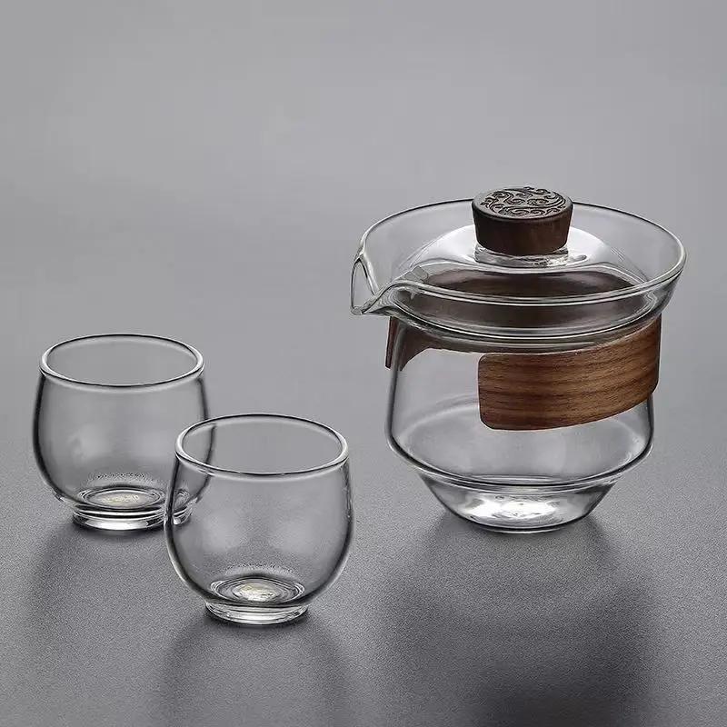 Chinese Kung Fu Tea Set, Clear Glass Gaiwan and Cups, Anti-scald Tureen, Hand Grip Pot, Household Teaware, Lid with Filter Holes