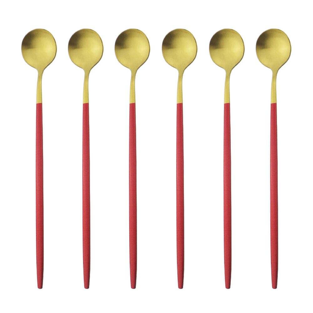 6ks Barevné příbory s dlouhou rukojetí Matné nerezové Lžíce Leštěné Míchání Nápoj Zmrzlina Dezert Čajová lžička Sada nádobí