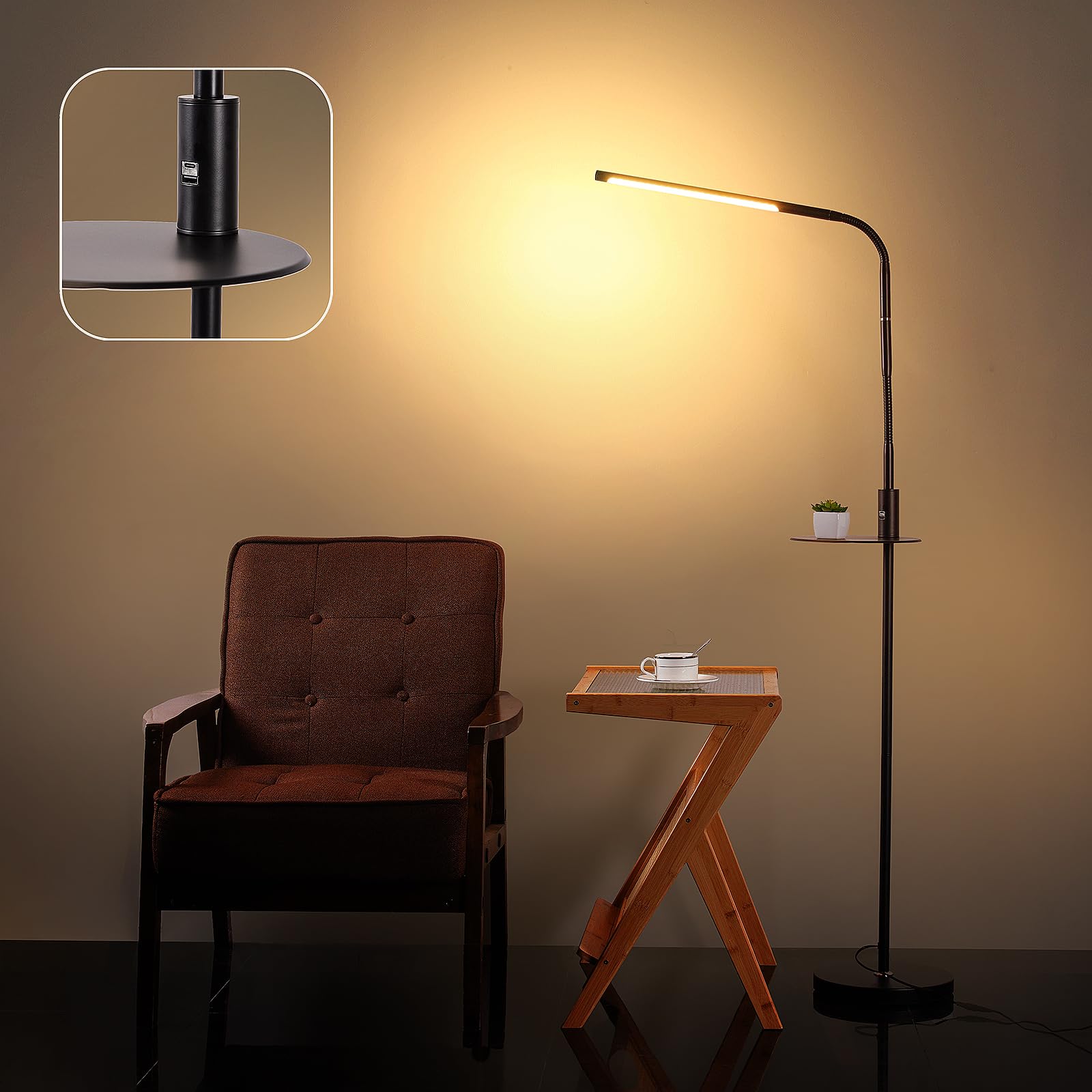 

LED Floor Lamp, Ambient Lighting, USB-A + Type-C Charging, Color Temperature Adjustment, Stepless Dimming, Storage Base, Remote Control, Auto-Off,