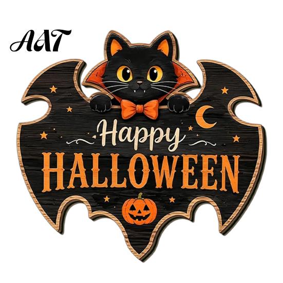Festival Props Black Cat Ghost Door Sign, Halloween Decorative Plaque, Wooden Hanging Spooky Party Decorations Vintage Rustic Decor with Jute