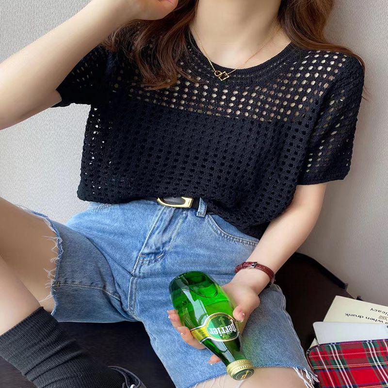 

2023 Summer Women s Loose Gray Knit Round Neck Short Sleeve Top One Size