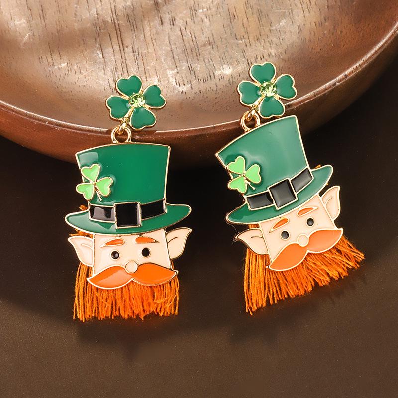 

Cross-Border St. Patrick s Clover Tassel Earrings with Irish Hat Design зелёный