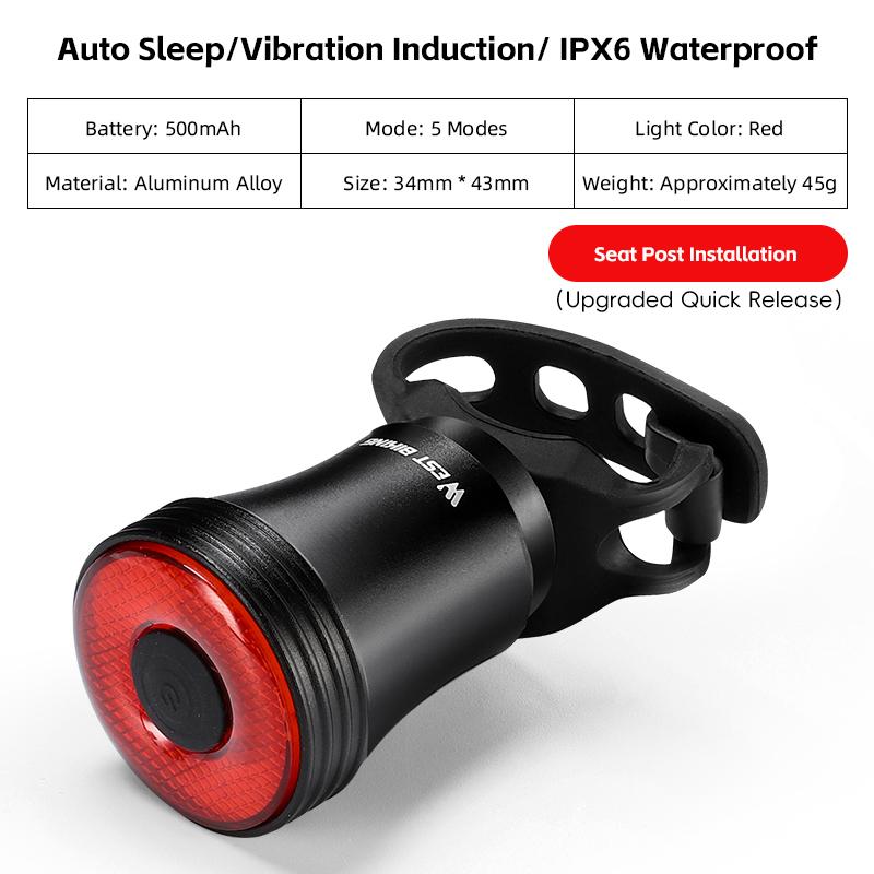 WEST BIKING Bicycle Rear Light Intelligent Brake Sensing Taillights High Visibility Type-C Rechargeable Bike LED Rear Light2