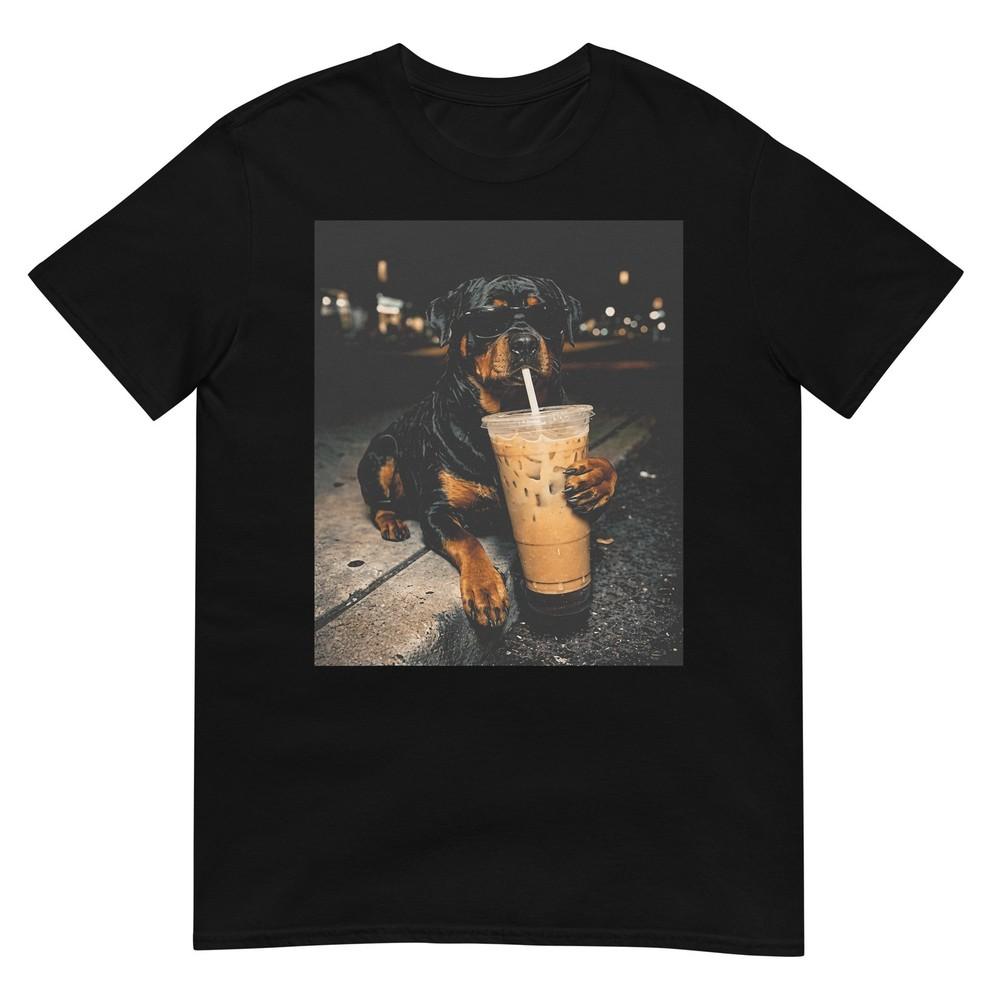 Cool Rottweiler Drinking Iced Coffee Funny Dog Art Tshirt S