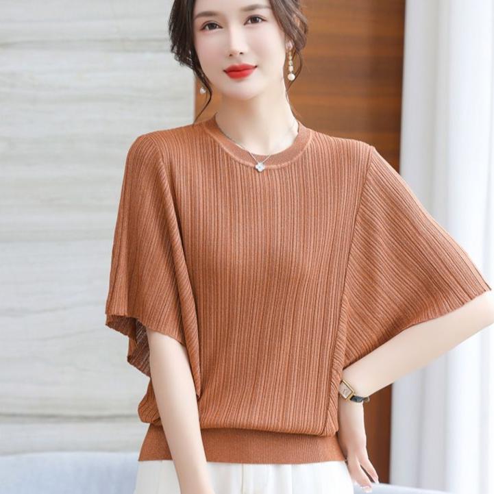 Crew Neck Knitted Sweater Top Women's Summer New Short-sleeved T-shirt