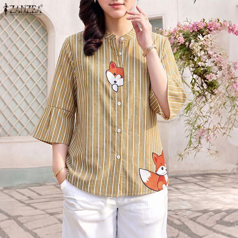 ZANZEA Women Striped Shirt Stand Collar 3/4 Sleeve Print Button Down Casual Blouse Tops