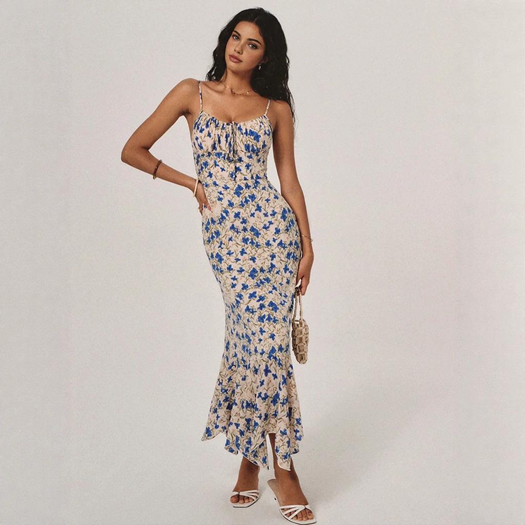 Europe and the United States Popular Internet Celebrity French Holiday Style Pure Desire Waist Slim Suspender Floral Fishtail Dress