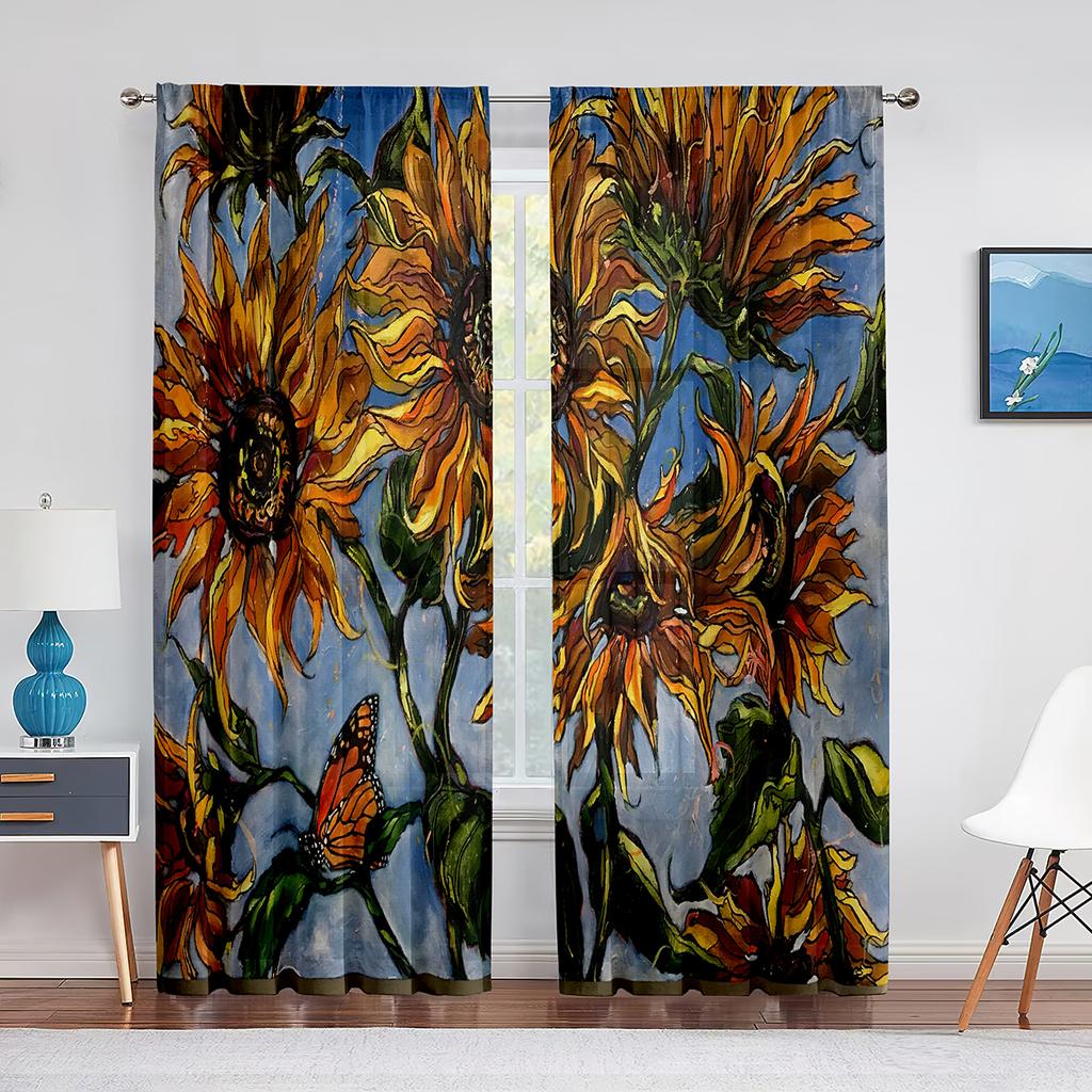 Sonnenblume Transparenter Voile Vorhang Ölgemälde Kunst Thema Bedruckte Chiffon Tüll Vorhänge für Wohnzimmer Schlafzimmer Küchendekoration