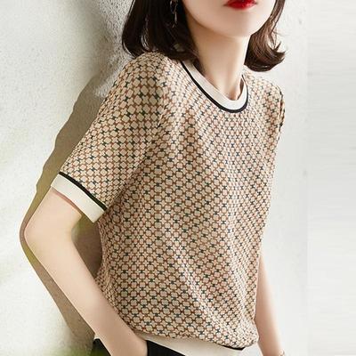 Camicia da donna a maniche corte Top scozzesi quadrati vintage Camicia stampata in seta di ghiaccio Camicetta estiva Camicette da donna eleganti a coste