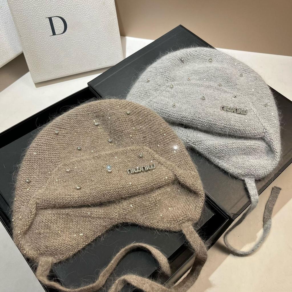 Light Luxury Rhinestone Min Rabbit Hair Knitted Hat Winter Outdoor Double-Layer Thermal Ear Protection Hat Celebrity Style Bag Head Hat