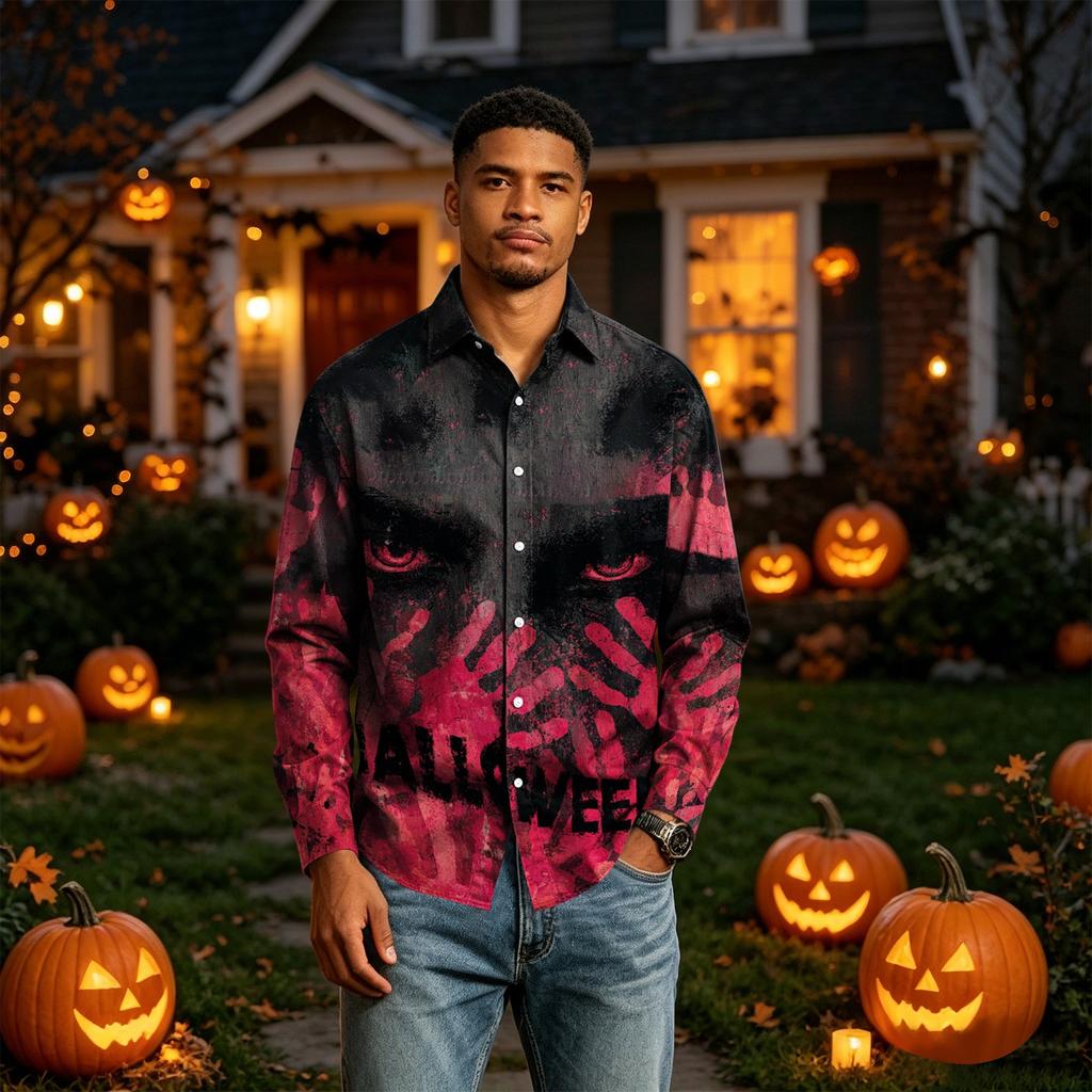 Men's Long Sleeve Button Down Shirt with Halloween Print for Costume Party
