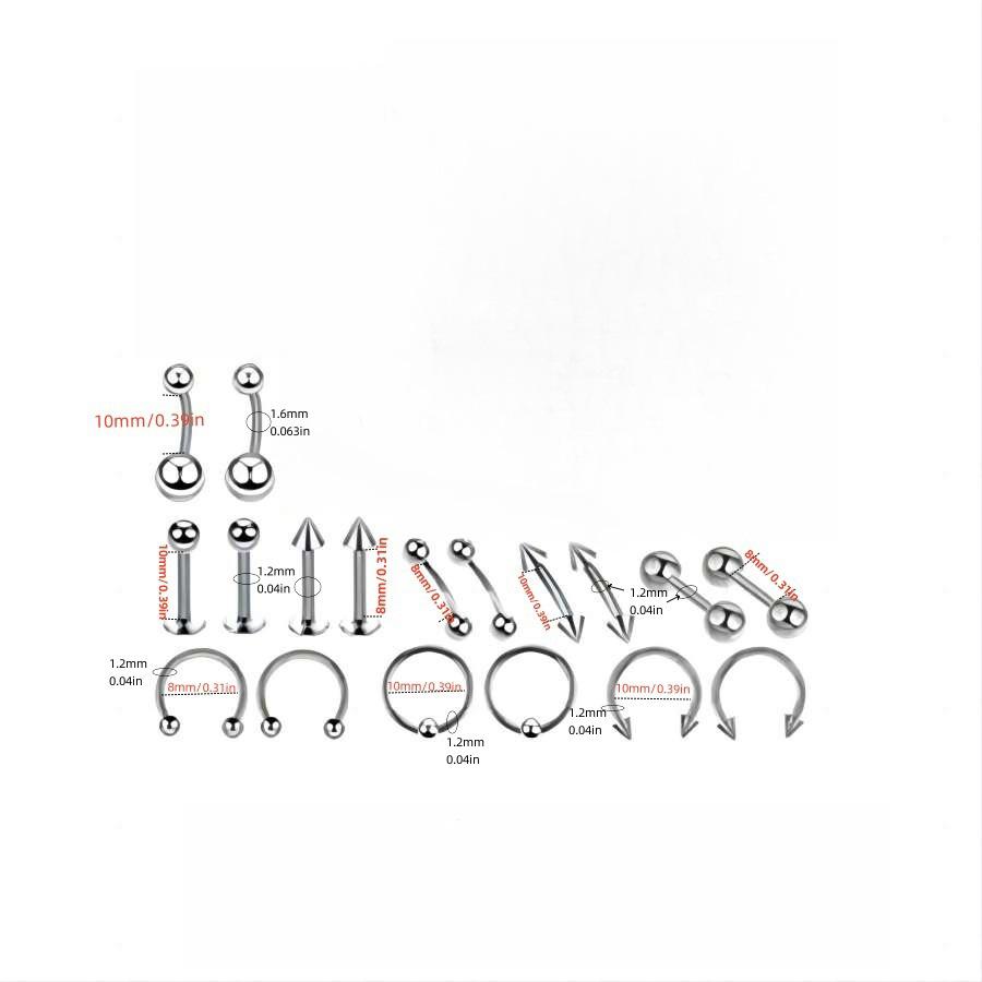 84PCS Mixed Set of Stainless Steel Body Jewelry: Nose Rings, Nose Studs, Eyebrow Studs, Ear Cartilage Studs, Lip Studs, and Navel Rings.