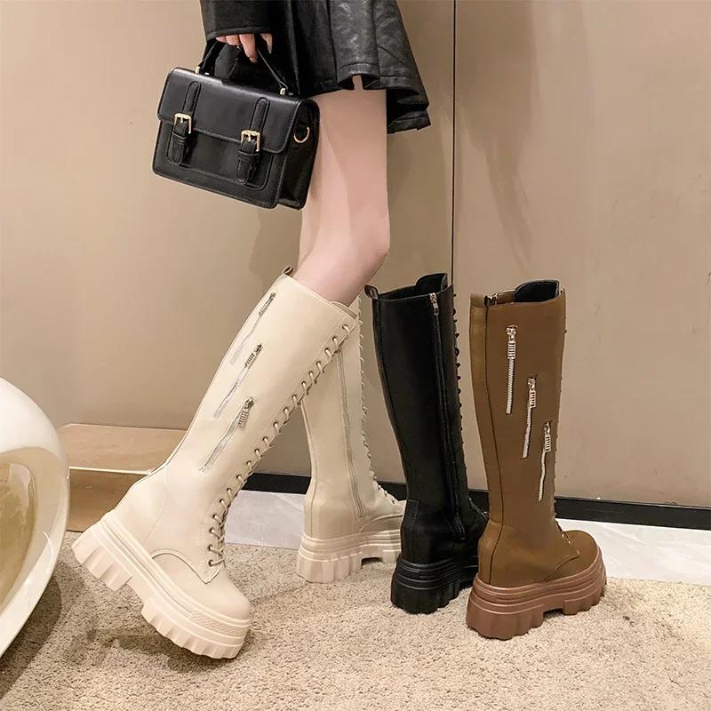 Móda Dámské silné podpatky Motocyklové vysoké boty Nové zimní 11CM robustní jezdecké boty PU kůže Rytířské boty Dámské zipové vysoké boty po koleno Botas