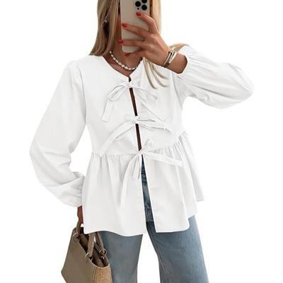 Women's Fashion Casual Spring Fall Solid Color Print Long Sleeve O Neck Blouses & Shirts